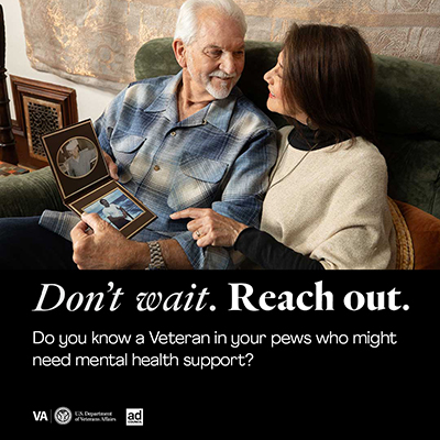 Graphic with Veteran couple reminiscing while looking at old photos