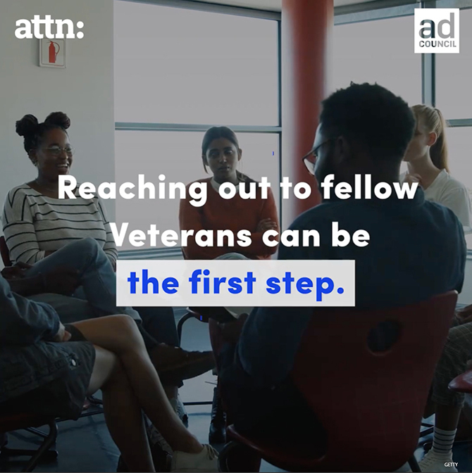 Silhouettes of Veterans sitting in a circle with text "reaching out to fellow Veterans can be the first step."