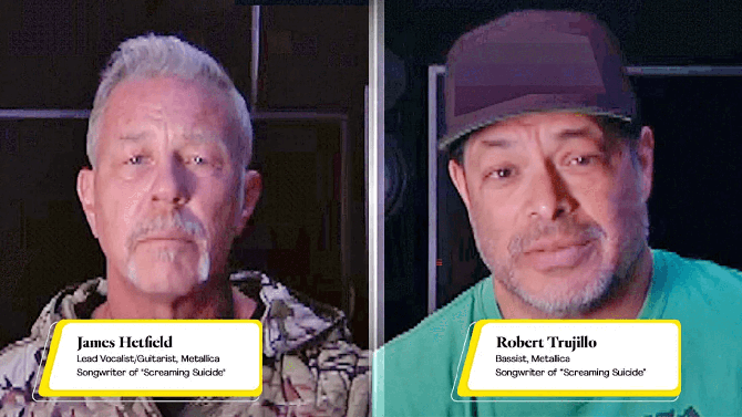 James Hetfield, vocalist and guitarist and Robert Trujillo, bassist looking straight at the camera