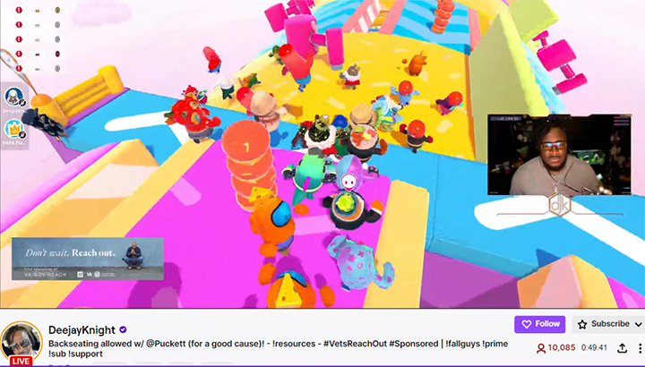 Screenshot of DeeJayKnight's twitch stream with a bannr that reads 'Don't wait. Reach out.'